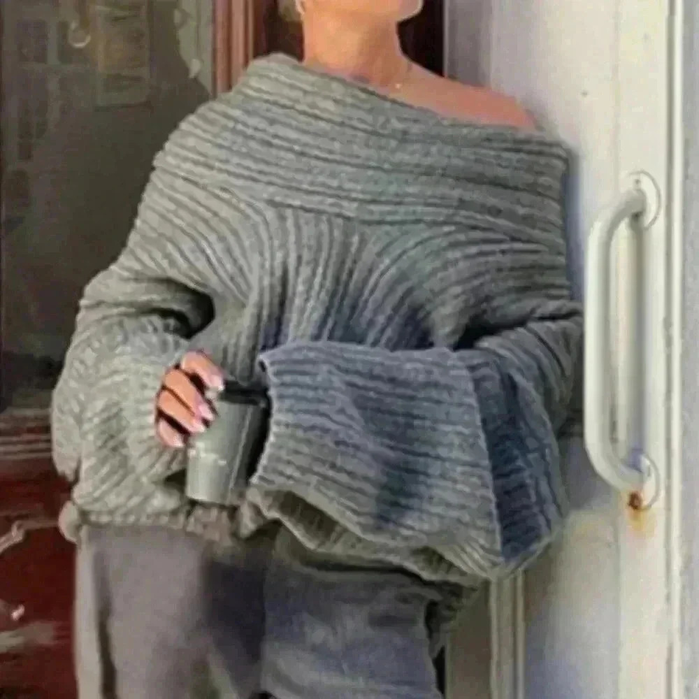 Grey Casual Women's Asymmetric Collar Long Sleeve Loose Sweater